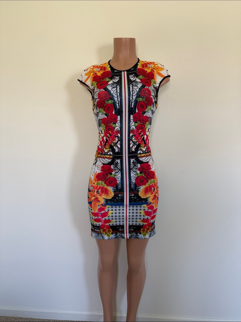 Clover Canyon Multicolor Floral Bodycon Mini Dress with Black Trim